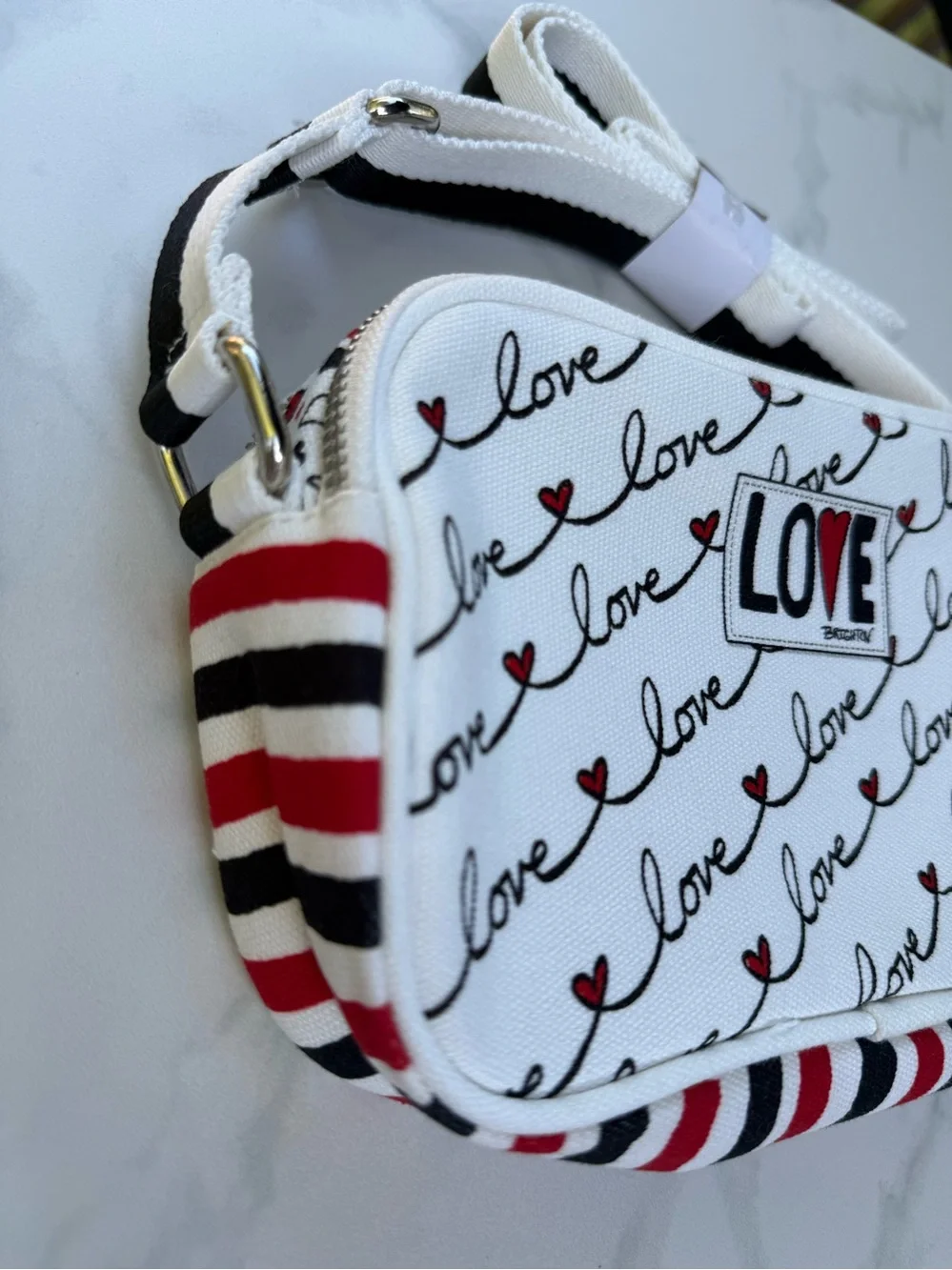 Brighton Love Scroll Canvas Crossbody Bag Heart Stripe Red White Black, NWT